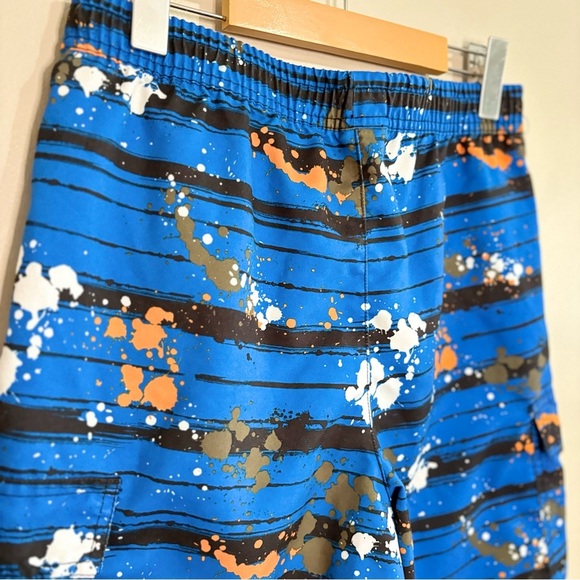 Blue & Orange Paint Splatter Striped Kids Swim Trunks w Mesh Lining - Picture 8 of 12